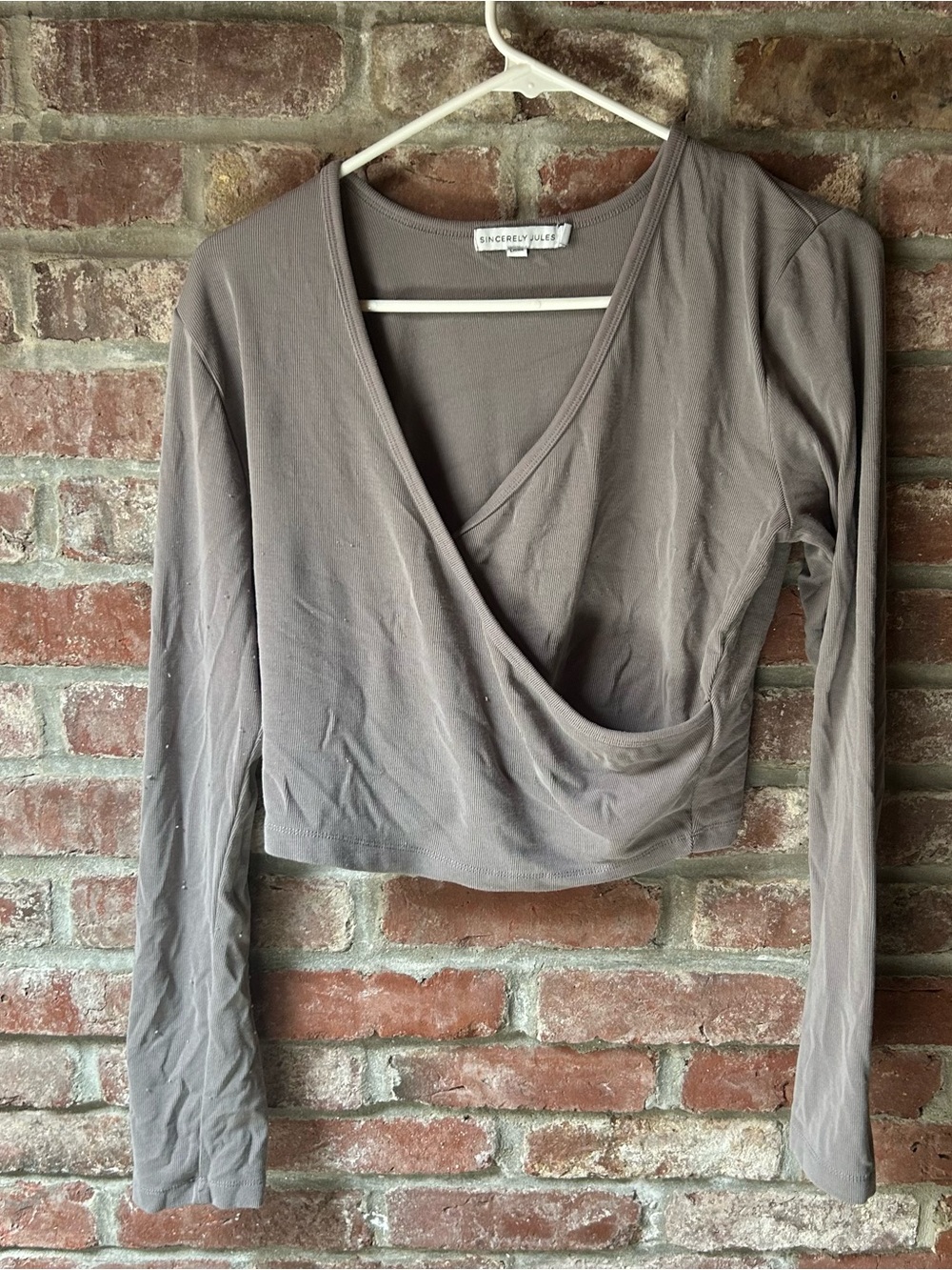 Sincerely Jules Taupe Long-Sleeve Wrap Crop Top